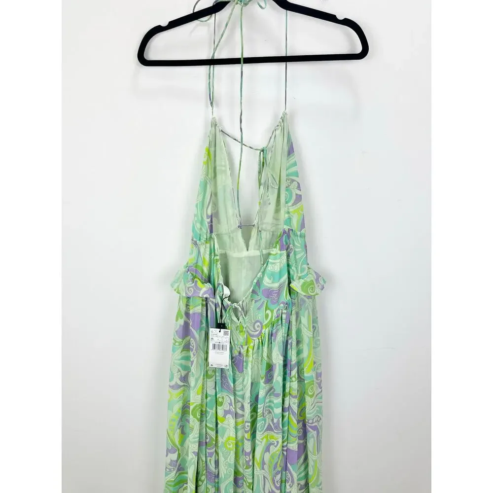 Mango Maxi Dress Chiffon Printed Ruffle Resort Boho Green A Line Medium NWT - Picture 14 of 16